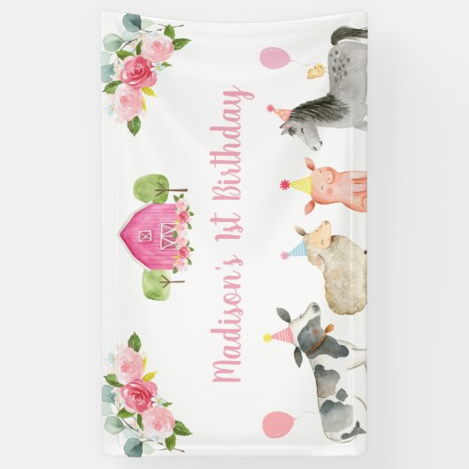 Roze Boerderij Barnyard Floral Birthday Spandoek (Verticaal)