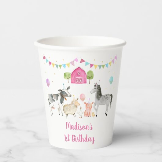 Roze Boerderij Barnyard Verjaardag Papieren Bekers (Voorkant)