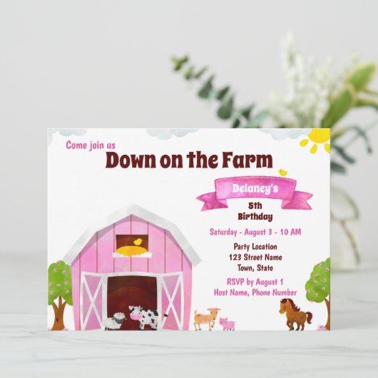 Roze Boerderij Birthday Uitnodiging (Staand voorkant)