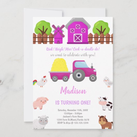 Roze Boerderij Birthday-uitnodigingen Kaart (Voorkant)