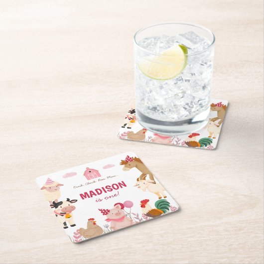 Roze Boerderij Dierenstal Thema Verjaardagsfeest Kartonnen Onderzetters (Insitu)