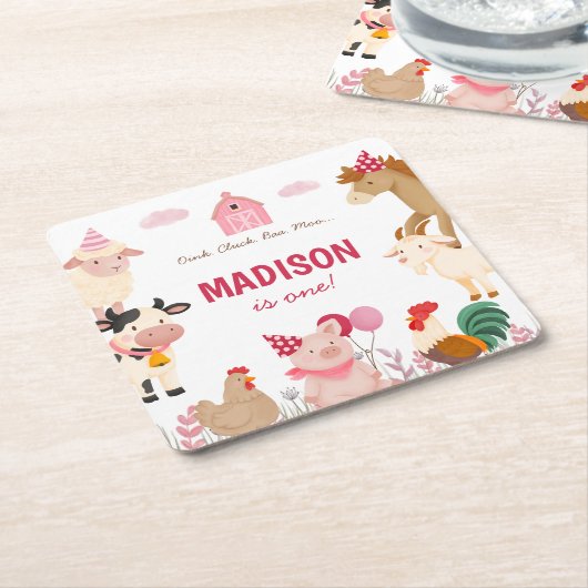 Roze Boerderij Dierenstal Thema Verjaardagsfeest Kartonnen Onderzetters (Schuin)