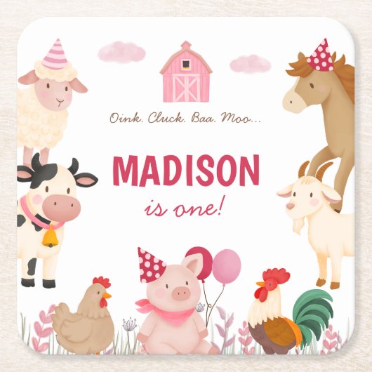 Roze Boerderij Dierenstal Thema Verjaardagsfeest Kartonnen Onderzetters (Voorkant)