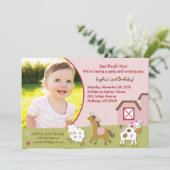 Roze Boerderij Diermeisje Foto van de geboorte Kaart (Staand voorkant)