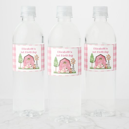 Roze Boerderij Eerste Verjaardag Drink Label Waterfles Etiket (Flessen)