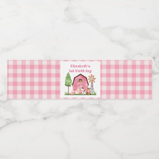 Roze Boerderij Eerste Verjaardag Drink Label Waterfles Etiket (Enkel label)