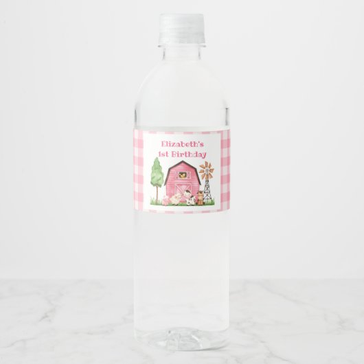 Roze Boerderij Eerste Verjaardag Drink Label Waterfles Etiket (Voorkant)