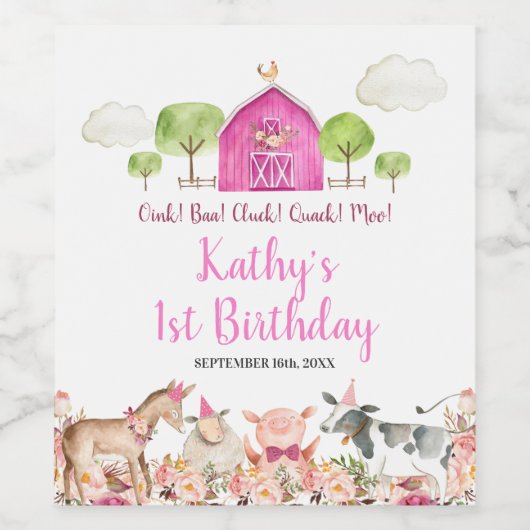 Roze Boerderij Huis Dieren Barnyard Groene Wijn Wijn Etiket (Enkel label)