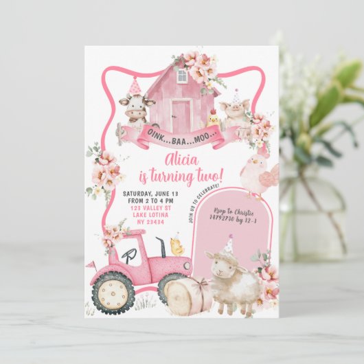 Roze Boerderij Kids Verjaardag Kaart (Staand voorkant)