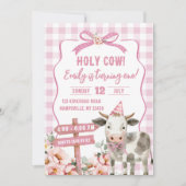 Roze Boerderij Koe Meisje Eerste Verjaardag Uitnod Kaart (Voorkant)