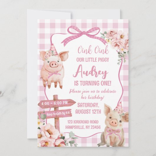 Roze Boerderij Piggy Girl Verjaardagsuitnodiging Kaart (Voorkant)