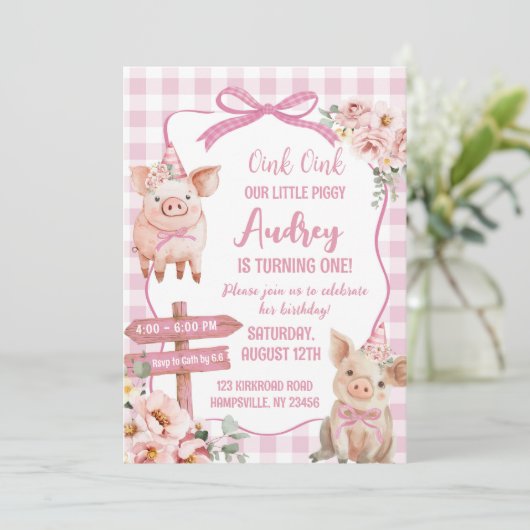 Roze Boerderij Piggy Girl Verjaardagsuitnodiging Kaart (Staand voorkant)