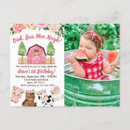 Roze boerderij/schuur 1e verjaardag foto uitnodigi briefkaart