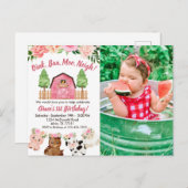 Roze boerderij/schuur 1e verjaardag foto uitnodigi briefkaart (Voorkant / Achterkant)