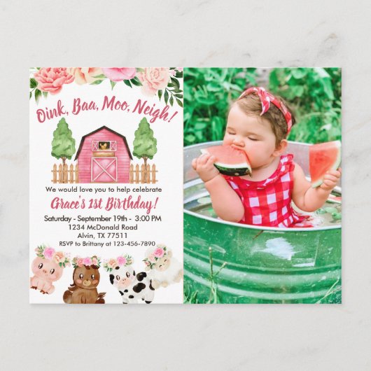 Roze boerderij/schuur 1e verjaardag foto uitnodigi briefkaart (Voorkant)