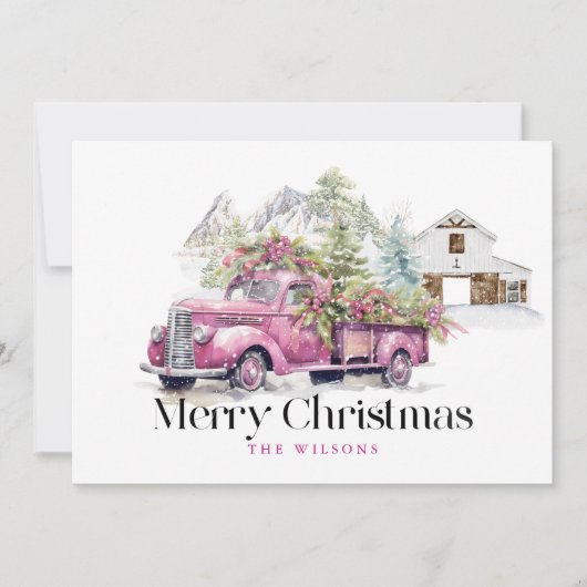  Roze Boerderij Truck Barn Mountain Kerstmis Feestdagenkaart (Voorkant)