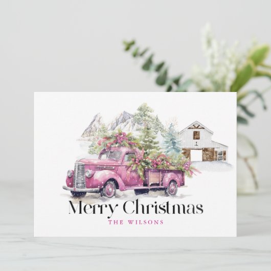  Roze Boerderij Truck Barn Mountain Kerstmis Feestdagenkaart (Staand voorkant)