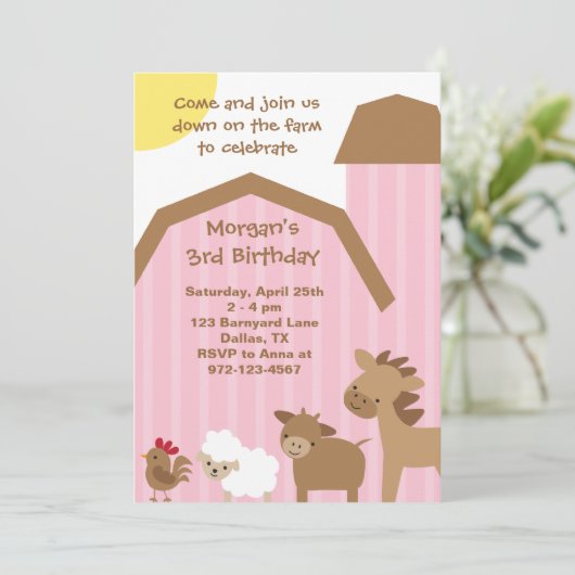 Roze Boerderij Uitnodiging (Staand voorkant)