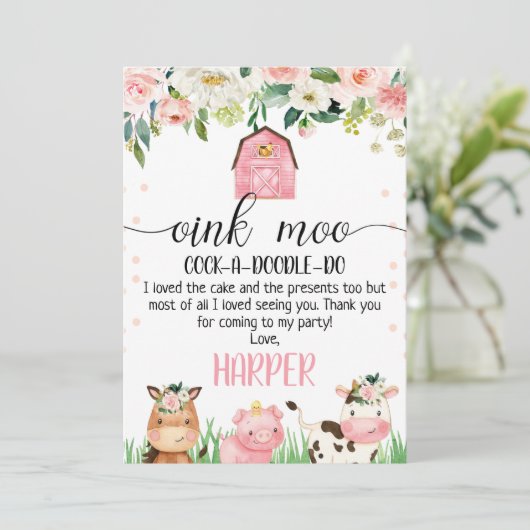 Roze Boerderij Verjaardag Dank u kaart (Staand voorkant)