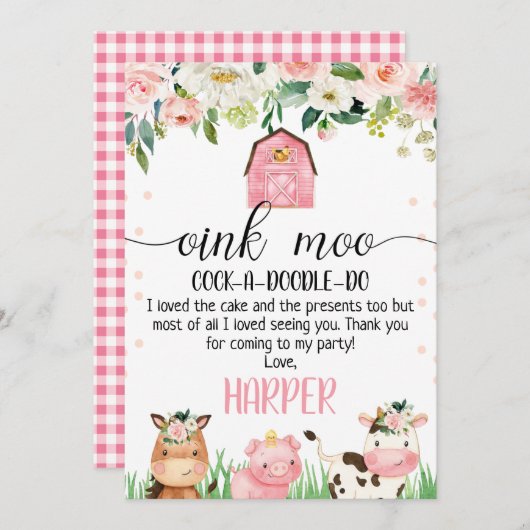 Roze Boerderij Verjaardag Dank u kaart (Voorkant / Achterkant)