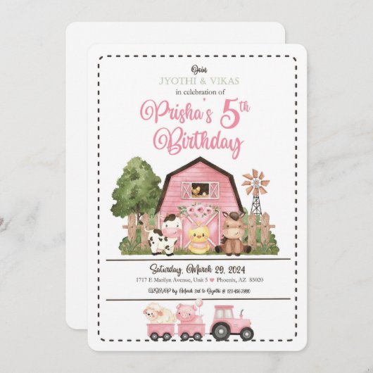 Roze Boerderij Verjaardagsuitnodiging Kaart (Voorkant / Achterkant)