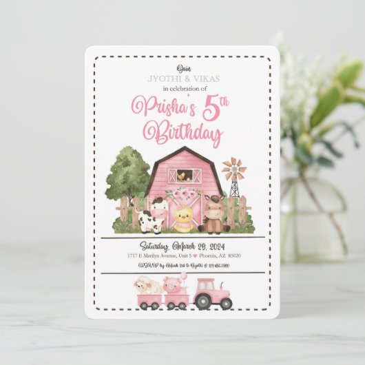 Roze Boerderij Verjaardagsuitnodiging Kaart (Staand voorkant)