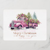 Roze Boerderij Vrachtwagen Kerstboom Wit Folie Feestdagenkaart (Voorkant)