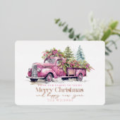 Roze Boerderij Vrachtwagen Kerstboom Wit Folie Feestdagenkaart (Staand Voorkant)