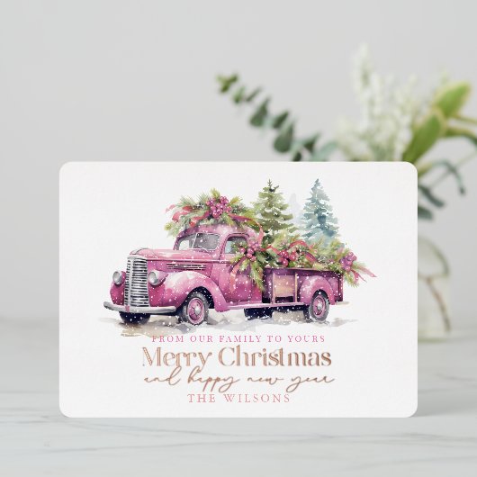 Roze Boerderij Vrachtwagen Kerstboom Wit Folie Feestdagenkaart (Staand Voorkant)