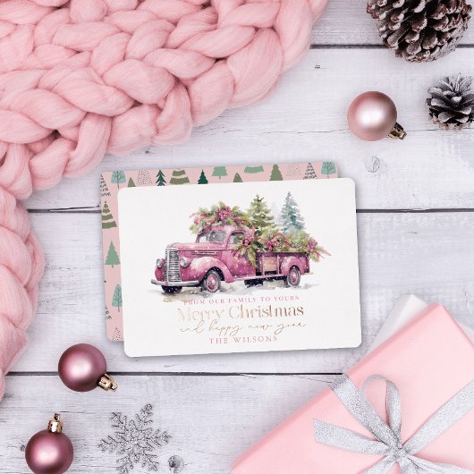 Roze Boerderij Vrachtwagen Kerstboom Wit Folie Feestdagenkaart