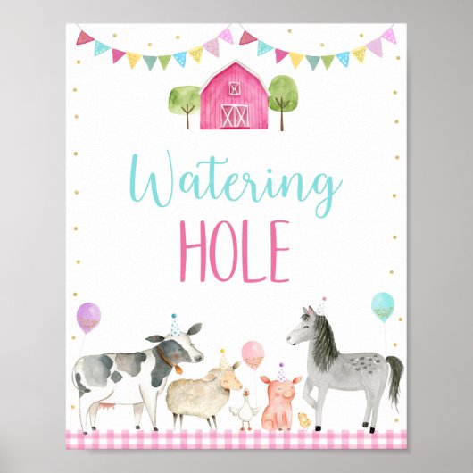 Roze Boerderij Watering Hole Birthday Sign Poster (Voorkant)