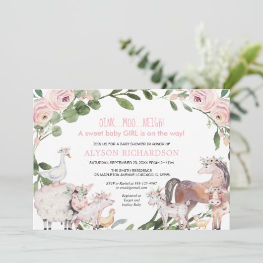 Roze boerderijdieren baby shower kaart (Staand voorkant)