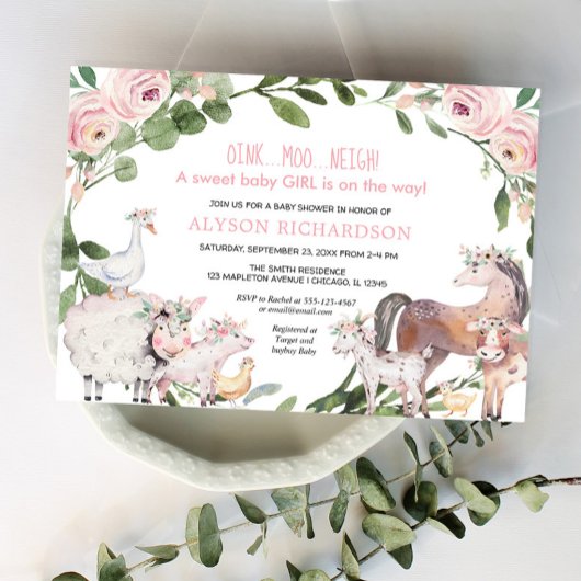 Roze boerderijdieren baby shower kaart