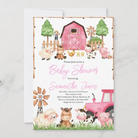 Roze boerderijdieren Baby shower Kaart (Voorkant)