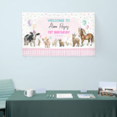 Roze Boerderijdieren Ballonnen Meisje Verjaardagsf Spandoek (Beurs)