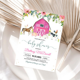 Roze boerderijdieren meisje babyshower uitnodiging