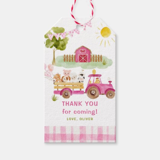 Roze Boerderijdieren meisjes verjaardagsfeestje Cadeaulabel (Voorkant)