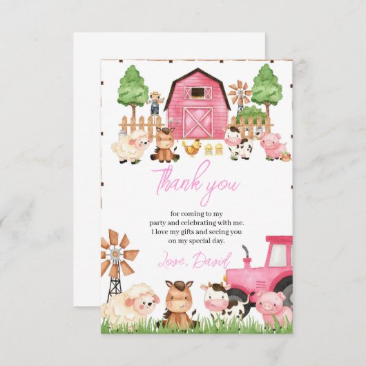 Roze Boerderijdieren Verjaardagsfeestje Bedankkaart (Voorkant / Achterkant)