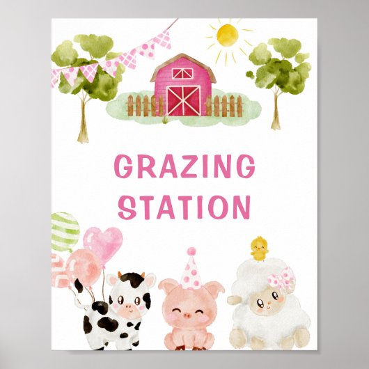 Roze Boerderijdieren verjaardagsfeestje Graasstati Poster (Voorkant)