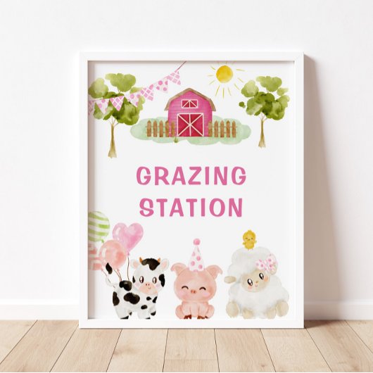 Roze Boerderijdieren verjaardagsfeestje Graasstati Poster
