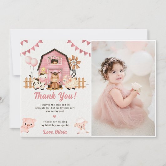 Roze Boerderijdieren Verjaardagsfoto Dank u kaart (Voorkant)