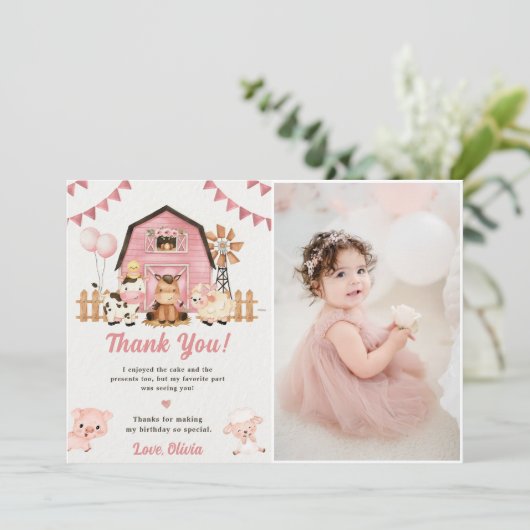 Roze Boerderijdieren Verjaardagsfoto Dank u kaart (Staand voorkant)