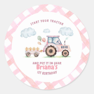 Roze boerderijtractor meisje verjaardag elke leeft ronde sticker