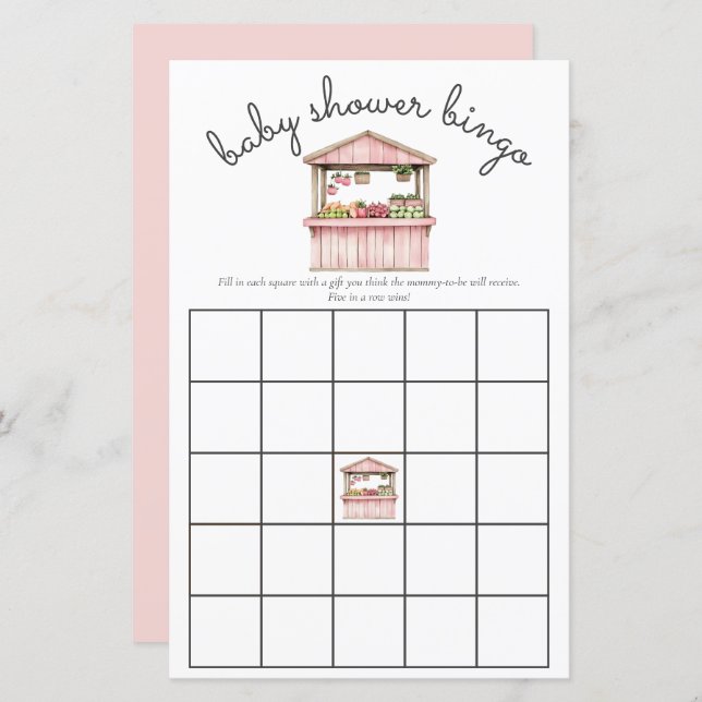 Roze Boeren Markt Baby Meisje Douche Bingo Game (Voorkant / Achterkant)