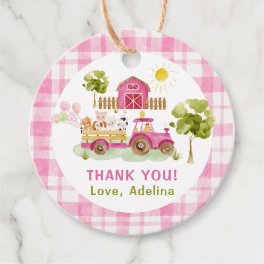 Roze boerenerf boerderijdieren verjaardag bedankjes labels (Voorkant)