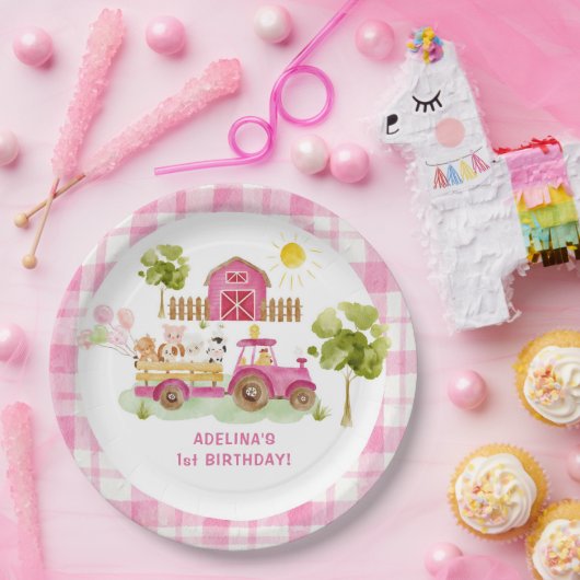 Roze boerenerf boerderijdieren verjaardag papieren bordje (Feest)