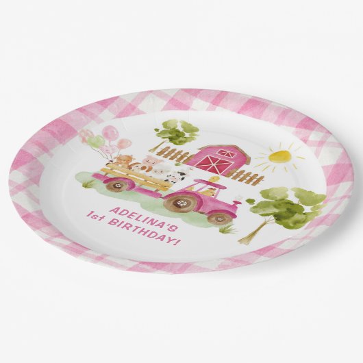 Roze boerenerf boerderijdieren verjaardag papieren bordje (Gekanteld)