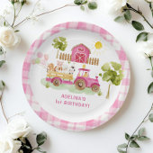 Roze boerenerf boerderijdieren verjaardag papieren bordje