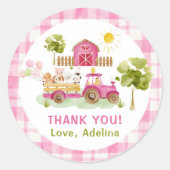 Roze boerenerf boerderijdieren verjaardag ronde sticker (Voorkant)