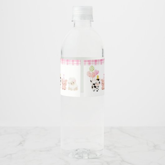 Roze boerenerf Boerderijdieren verjaardagsfeestje Waterfles Etiket (Achterkant)